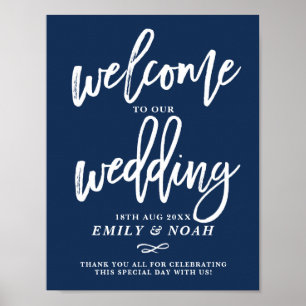 Poster Marine Bleu Rustique main Lettres Mariage Bienvenu