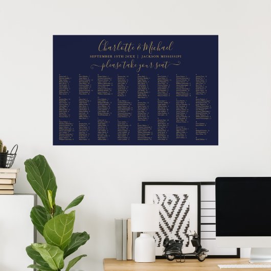 Poster Marine Blue and Gold 300 Noms Mariage Seating Char (Bureau à domicile)