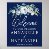 Poster Marine Blue Floral Moderne Mariage d'hiver Bienven (Devant)
