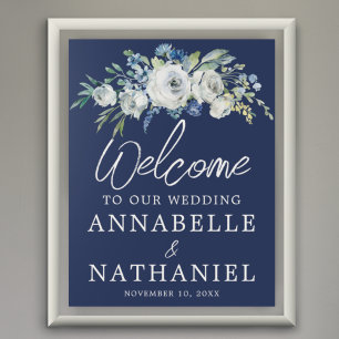 Poster Marine Blue Floral Moderne Mariage d'hiver Bienven