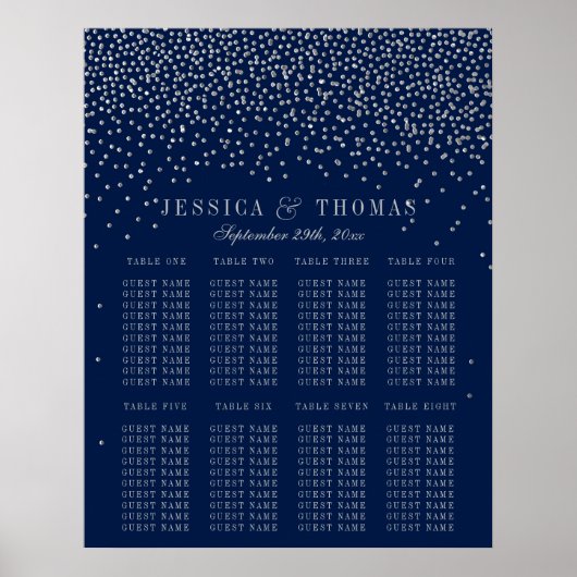 Poster Marine Blue & Glam Argent Confetti Mariage Siège (Devant)