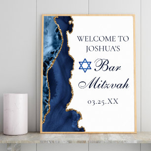 Poster Marine Blue Gold Agate Bar Mitzvah Party Bienvenue