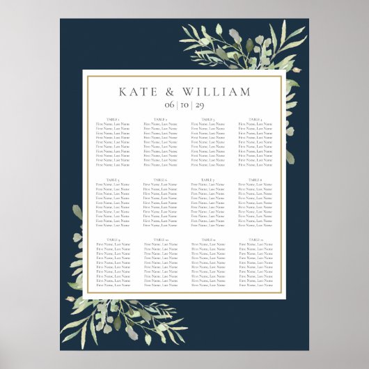 Poster Marine Blue Gold Greenery Mariage Seating Chart (Devant)