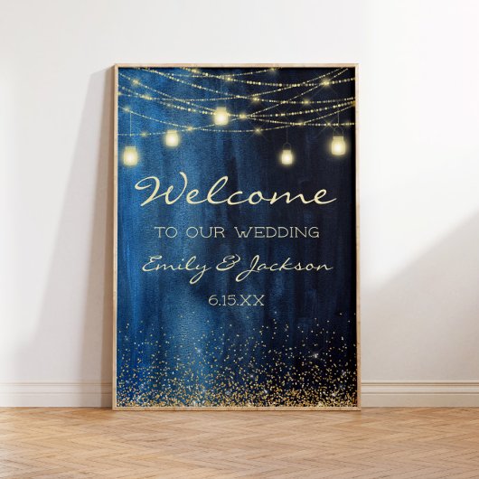 Poster Marine Blue Gold String Lumières Mariage Bienvenue