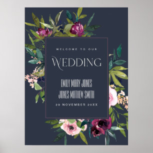 POSTER MARINE BLUSH BURGUNDY FLORAL BUNCH MARIAGE BIENVEN