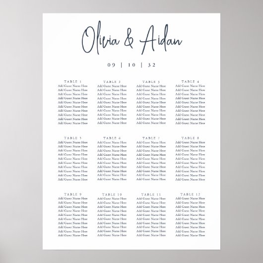 Poster Marine | Carte de siège Mariage manuscrit moderne (Devant)