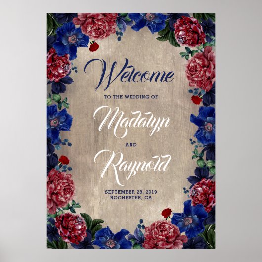 Poster Marine et Bourgogne Floral Rustic Mariage Bienvenu (Devant)