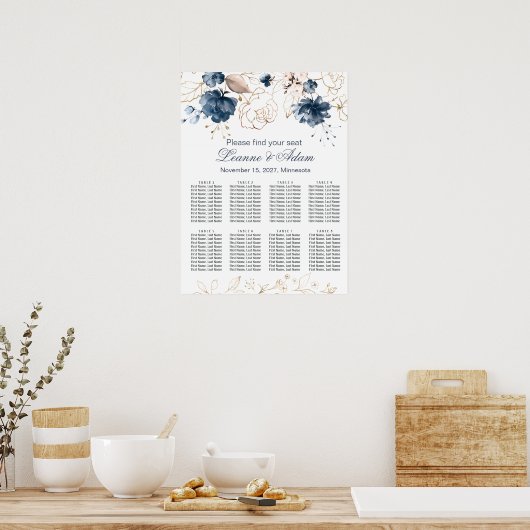 Poster Marine Florale bleu & or Mariage 8 Tables Siège (Cuisine)