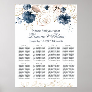 Poster Marine Florale bleu & or Mariage 8 Tables Siège