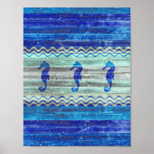 Poster Marine Rustique Décor Côtier Bleu Chevaux