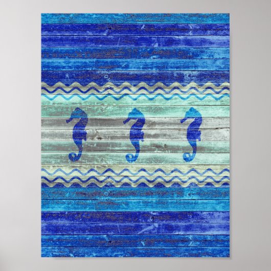 Poster Marine Rustique Décor Côtier Bleu Chevaux (Devant)