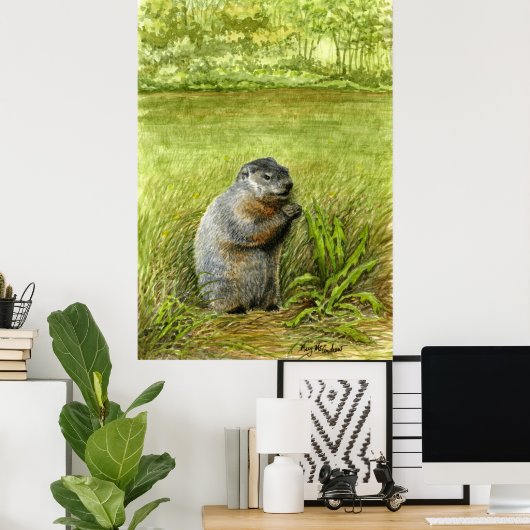Poster Marmotte assise dans l'herbe manger (Bureau à domicile)
