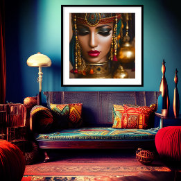 Poster Marocaine Femme Rustique rouge or vert bijou