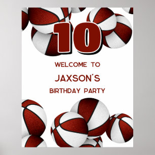 Poster maroon basketballs anniversaire de enfant fête bie