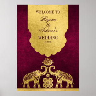 Poster Maroon et éléphants d'or mariage indien bienvenue