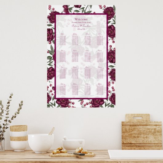 Poster Maroon Rose Wedding Seating Chart (Cuisine)