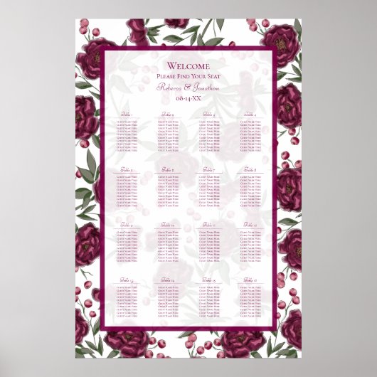 Poster Maroon Rose Wedding Seating Chart (Devant)