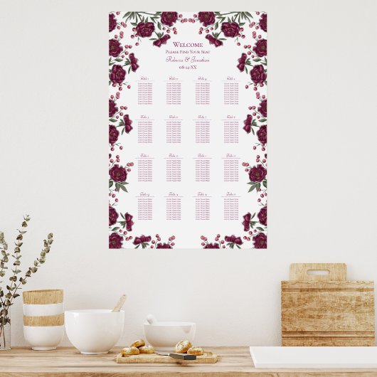 Poster Maroon Rose Wedding Seating Chart (Cuisine)