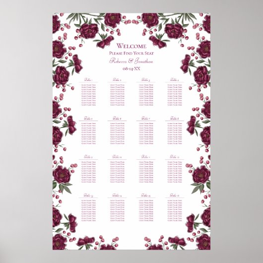 Poster Maroon Rose Wedding Seating Chart (Devant)