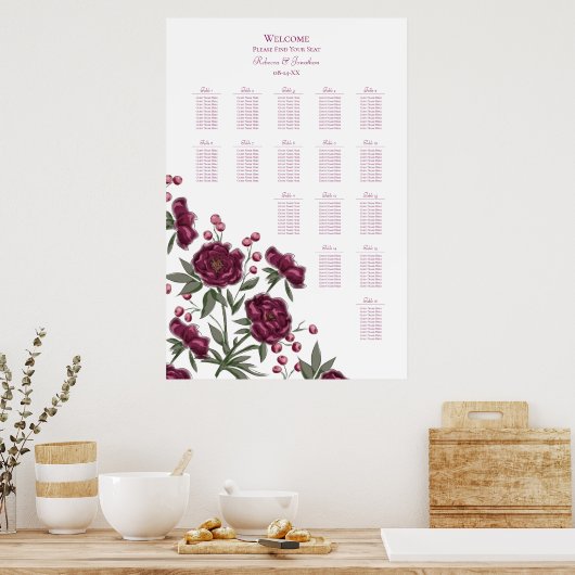 Poster Maroon Rose Wedding Seating Chart (Cuisine)