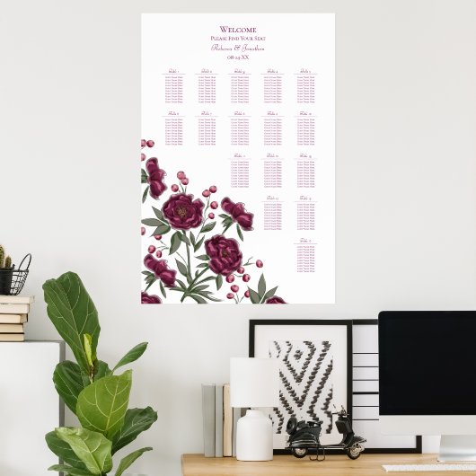 Poster Maroon Rose Wedding Seating Chart (Bureau à domicile)