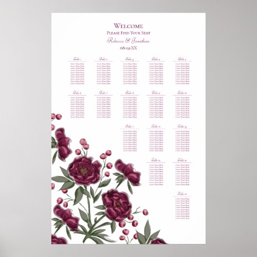 Poster Maroon Rose Wedding Seating Chart (Devant)