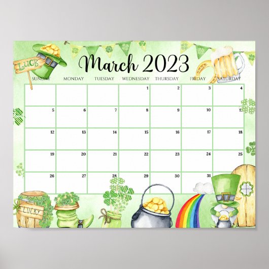 Poster Mars 2023 Calendrier vert imprimable (Devant)