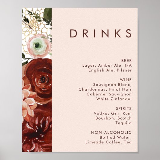 Poster Marsala Autumn Floral | Menu Boissons Mariages (Devant)