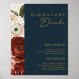 Poster Marsala Autumn Floral Navy Signature Drinks