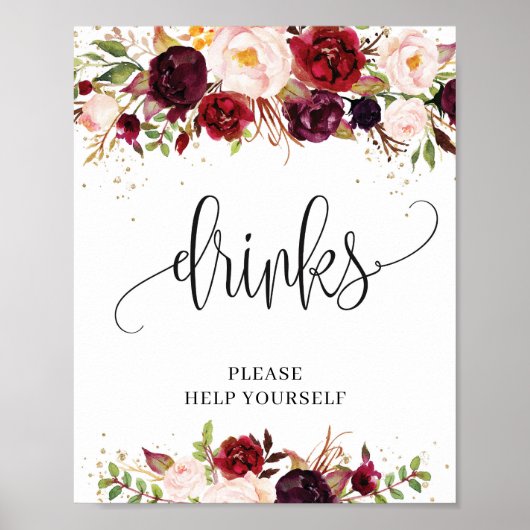 Poster Marsala bordeaux rustique panneau de boissons doré (Devant)