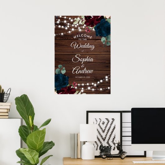 Poster Marsala & Fleurs de marine Mariage en bois rustiqu (Bureau à domicile)