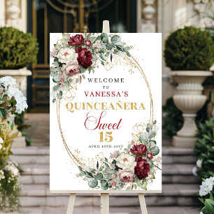 Poster Marsala floral eucalyptus or Quinceañera de bienve