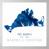 Poster Marthas Vineyard Blue Map Famille établie (Devant)