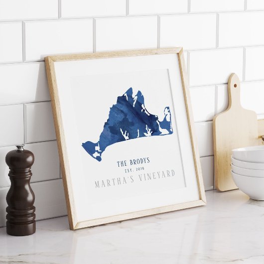 Poster Marthas Vineyard Blue Map Famille établie