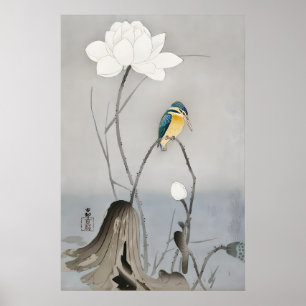 Poster Martin-pêcheur avec fleur de lotus Art japonais fi
