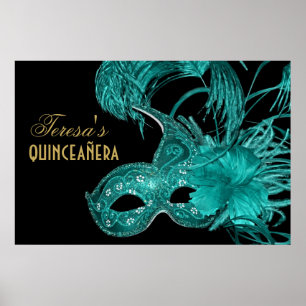 Poster Mascarade quinceañera anniversaire masque turquois
