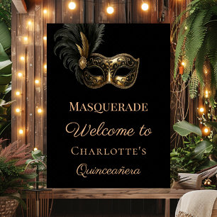 Poster Mascarade Quinceanera bienvenue noir or