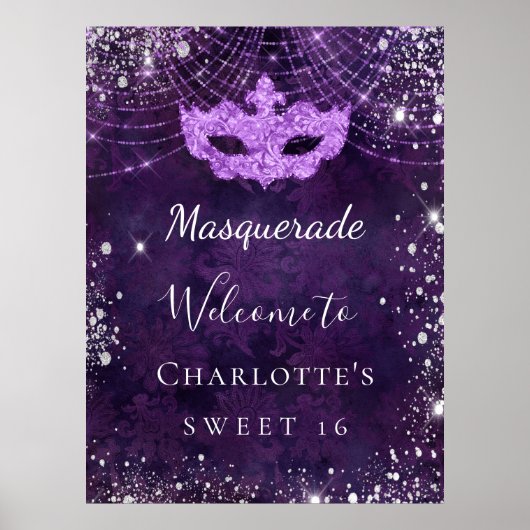 Poster Mascarade violet argent parties scintillant poussi (Devant)