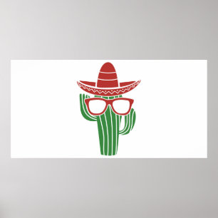 Poster mascotte cool cactus avec sombrero casquette et lu