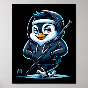 Poster Mascotte Pingouin De Hockey Sur Glace Avec Bâton E