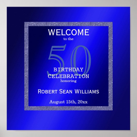 Poster Masculine Blue & Glitter Frame 50th Birthday (Devant)