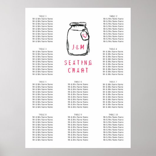 Poster Mason Jar & Pink Heart Mariage Seating Chart 10 (Devant)