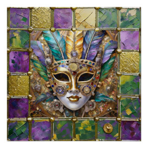 Poster Masque à plumes coloré en céramique et or Mardi Gr