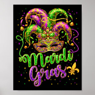 Poster Masque de bouffon Mardi gras chapeau de fête de ca