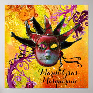 Poster MASQUE DE BOUFFON NOIR ET ROUGE, Fête masquée