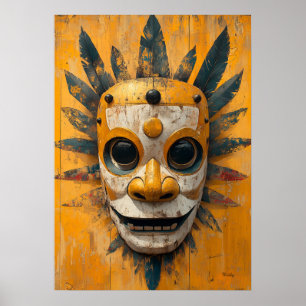 Poster Masque de Guerrier Solaire – Symbole Rituel Mésoam