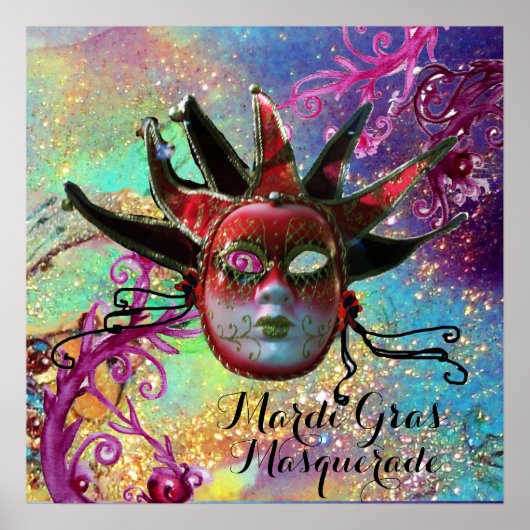 Poster MASQUE DE JESTER NOIR ET ROUGE À LA FÊTE Mascarade (Devant)