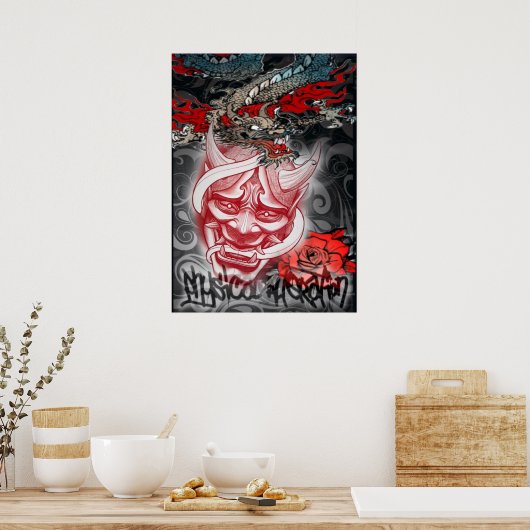 Poster Masque japonais et dragon (Cuisine)