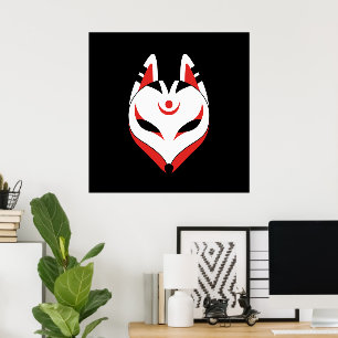 Poster Masque japonais Kitsune Fox sur noir