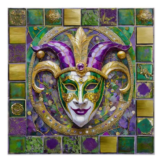 Poster Masque Mardi Gras Jester Vert Or (Devant)